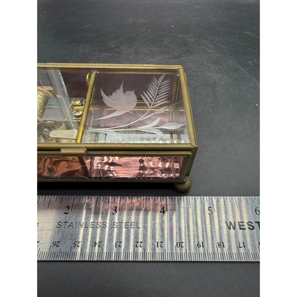 Vintage Sankyo Glass Brass Music Box Etched Bird Pink Rose Send in the Clowns